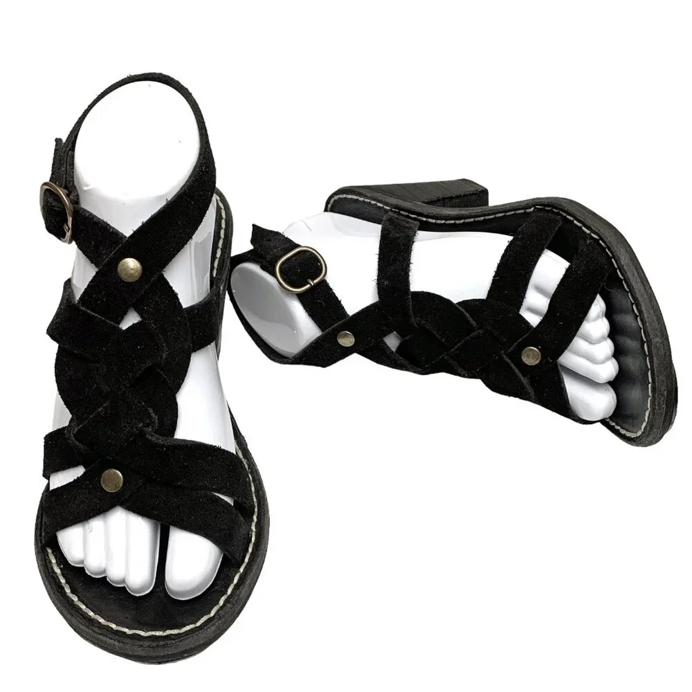 FIORENTINI + BAKER Black Suede Ankle Wrap Chunky Heel Sandals‎